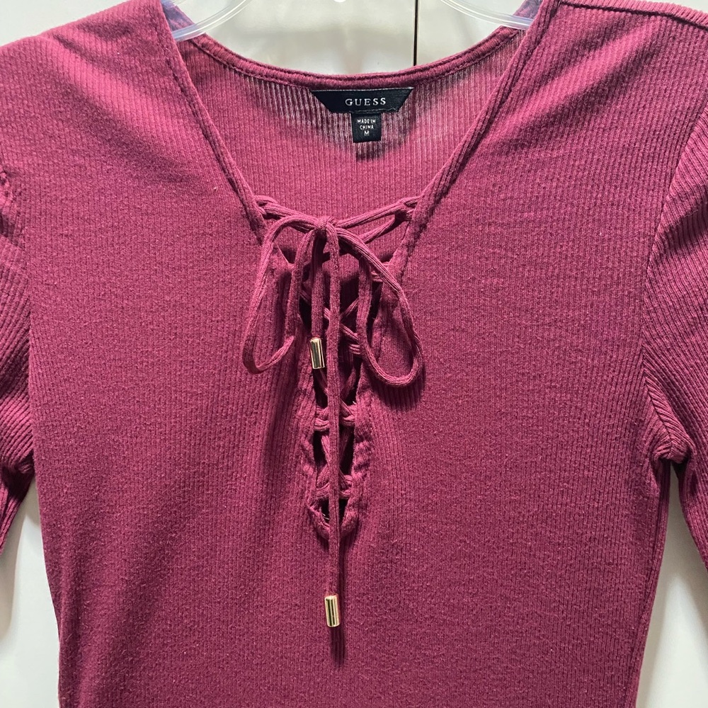 Lace-Up Ribbed Long-Sleeve Top - Plum - Picture 3 of 5